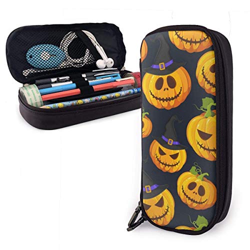 Sombrero de calabaza de Halloween Sombrero de cuero de PU Caja de lápices Bolso de pluma para niños Niñas, Caja de lápiz de doble cremallera de alta capacidad Caja Caja de maquillaje Bolsa Moneda
