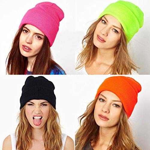 Sombrero Mujer Unisex Mezcla de algodón sólido cálido Suave Hip Hop Sombrero de Punto Gorro de Invierno para Hombre Skullies Beanie Girl -Fluorescent Yellow