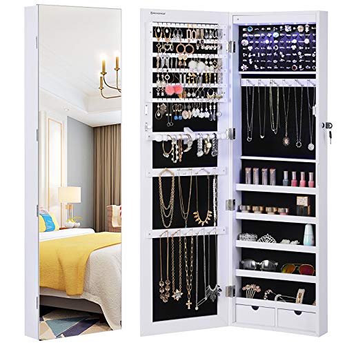SONGMICS Armario de Joyería Colgante, Armario con Espejo con Iluminación Interior LED, Armario de Pared con Espejo de Cuerpo Entero, Montaje en Pared, Colgado en la Puerta, Regalo, Blanco JJC99WT