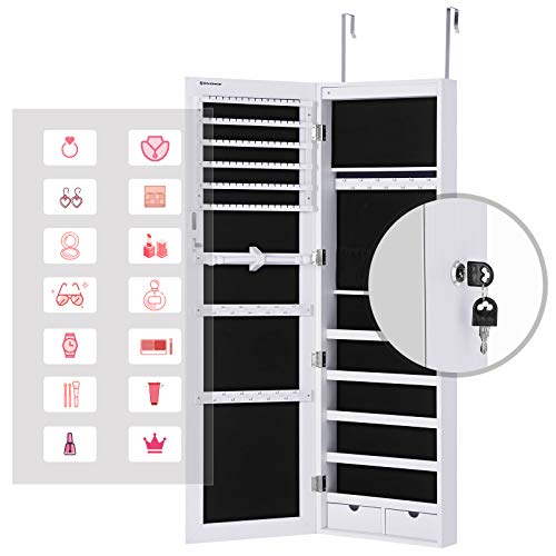 SONGMICS Armario de Joyería Colgante, Armario con Espejo con Iluminación Interior LED, Armario de Pared con Espejo de Cuerpo Entero, Montaje en Pared, Colgado en la Puerta, Regalo, Blanco JJC99WT