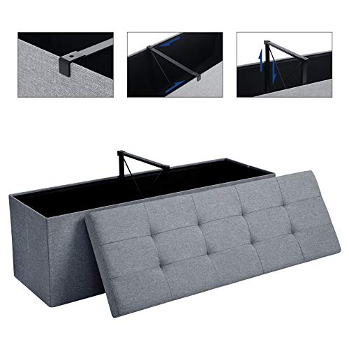 SONGMICS Banqueta de Almacenamiento, Baul con Tapa Abatible, Asiento Plegable, para Cama, Dormitorio y Pasillo, Ahorro de Espacio, 120L, Carga Máx. de 300kg, Relleno de Esponja, Gris Claro LSF71G