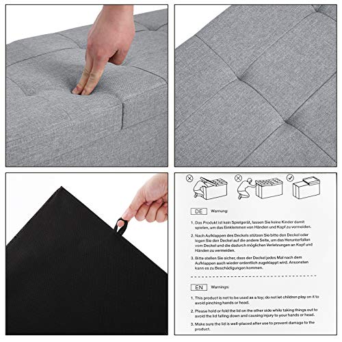 SONGMICS Banqueta de Almacenamiento, Baul con Tapa Abatible, Asiento Plegable, para Cama, Dormitorio y Pasillo, Ahorro de Espacio, 120L, Carga Máx. de 300kg, Relleno de Esponja, Gris Claro LSF71G