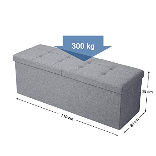 SONGMICS Banqueta de Almacenamiento, Baul con Tapa Abatible, Asiento Plegable, para Cama, Dormitorio y Pasillo, Ahorro de Espacio, 120L, Carga Máx. de 300kg, Relleno de Esponja, Gris Claro LSF71G