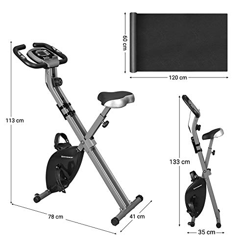 SONGMICS Bicicleta Estática, Bicicleta Fitness, Entrenador Plegable Indoor, 8 Niveles de Resistencia Magnética, con Alfombrilla, Sensor de Pulso, Soporte Telefónico, 100 kg Máx. Negro SXB11BK