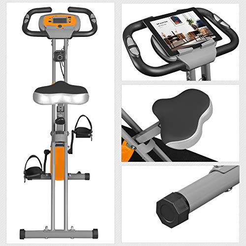 SONGMICS Bicicleta Estática, Bicicleta Fitness, Entrenador Plegable Indoor, 8 Niveles de Resistencia Magnética, con Alfombrilla, Sensor de Pulso, Soporte Telefónico, 100 kg Máx. Naranja SXB11OG