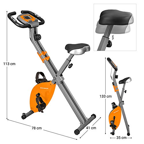 SONGMICS Bicicleta Estática, Bicicleta Fitness, Entrenador Plegable Indoor, 8 Niveles de Resistencia Magnética, con Alfombrilla, Sensor de Pulso, Soporte Telefónico, 100 kg Máx. Naranja SXB11OG