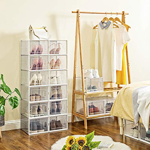SONGMICS Cajas de Zapatos, Paquete de 18 Organizadores de Almacenamiento, Plegables y Apilables para Zapatillas hasta Talla 44, Transparente y Blanco LSP18MWT