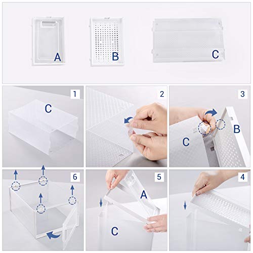 SONGMICS Cajas de Zapatos, Paquete de 18 Organizadores de Almacenamiento, Plegables y Apilables para Zapatillas hasta Talla 44, Transparente y Blanco LSP18MWT