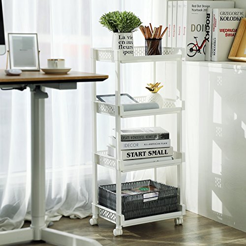 SONGMICS Carrito de Cocina con Ruedas, Estantería con 4 Niveles para Cocina, Oficina y Baño, 86 cm de Altura, Blanco KSC04WT