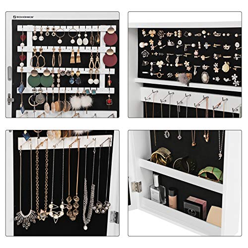 SONGMICS Espejo Joyero Colgante, Armario para Bisuterías Montado en Pared, con Imán y Llaves, Blanco JBC51W