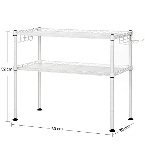 SONGMICS Estante para Horno de Microondas, Soporte Organizador de 2 Niveles para el Mostrador de la Cocina, con 2 Estantes Ajustables y 8 Ganchos, Blanco LGR20WT