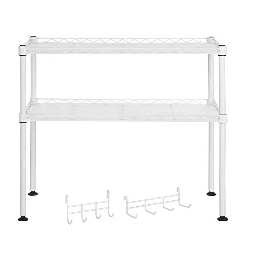 SONGMICS Estante para Horno de Microondas, Soporte Organizador de 2 Niveles para el Mostrador de la Cocina, con 2 Estantes Ajustables y 8 Ganchos, Blanco LGR20WT