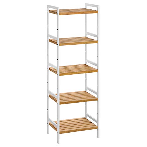SONGMICS Estantería de bambú, Estantería de 5 Niveles, para Baño, Cocina y Dormitorio, 45 x 31,5 x 142 cm, Carga máxima de 60 kg, Color Madera Natural y Blanco BCB75WN