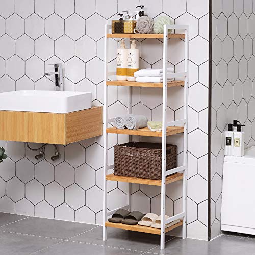 SONGMICS Estantería de bambú, Estantería de 5 Niveles, para Baño, Cocina y Dormitorio, 45 x 31,5 x 142 cm, Carga máxima de 60 kg, Color Madera Natural y Blanco BCB75WN