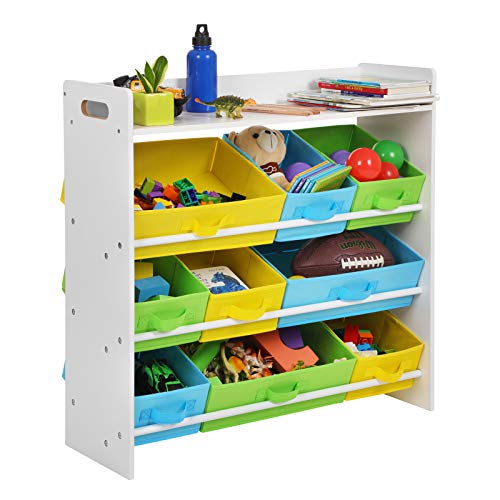 SONGMICS Estantería de Juguetes con 9 Cajones de Tela no Tejida Extraíbles, Organizador Infantil, para la Sala de Juegos de la Guardería, Marco de Madera, Blanco GKR31WT