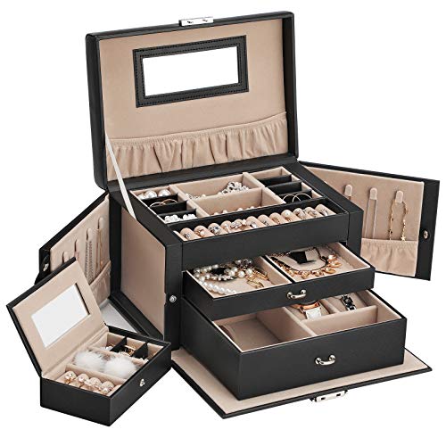 SONGMICS Joyero, Organizador de Joyas con 2 Cajones, Estuche con Cerradura y Espejo, Estuche de Viaje Portátil, para Anillos, Pulseras, Collares, Forro de Terciopelo, Regalo, Blanco JBC121W