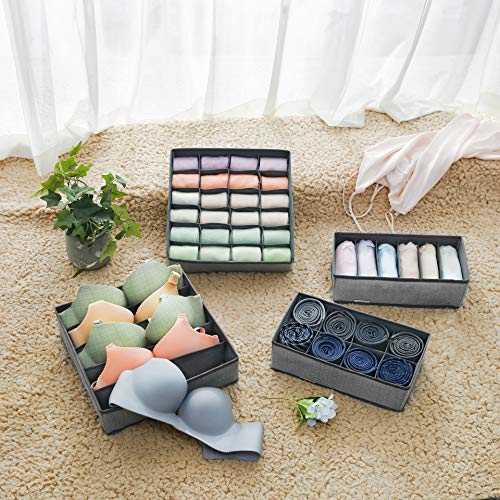 SONGMICS Juego de 4 Separadores de Cajones, Organizadores Plegables para Calcetines, Ropa Interior, Sujetadores, Corbatas, Bufandas, Telas no Tejidas Silimar al Lino, Ahorra Espacio, Gris RUS004G01