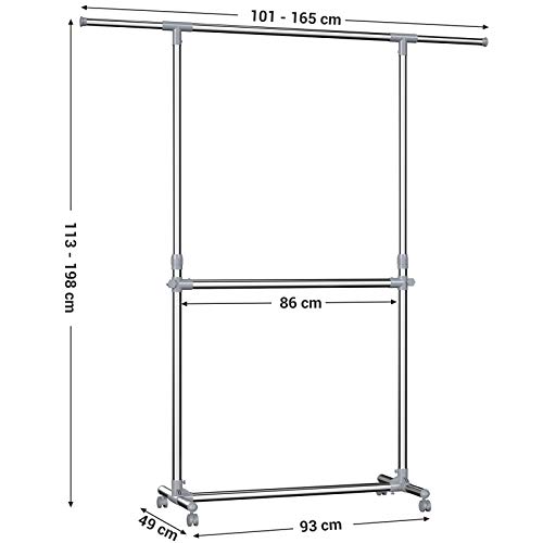 SONGMICS Perchero Barra para Colgar Ropa, con Ruedas, Altura Ajustable, 113cm-198cm LLR401