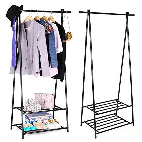 SONGMICS Perchero con Estante de 2 Niveles para Zapatos y Cestas, Estructura Metálica, Ahorra Espacio, Ideal para Dormitorio, Entrada, Oficina y Más, Negro HSR05B
