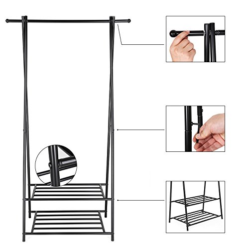 SONGMICS Perchero con Estante de 2 Niveles para Zapatos y Cestas, Estructura Metálica, Ahorra Espacio, Ideal para Dormitorio, Entrada, Oficina y Más, Negro HSR05B