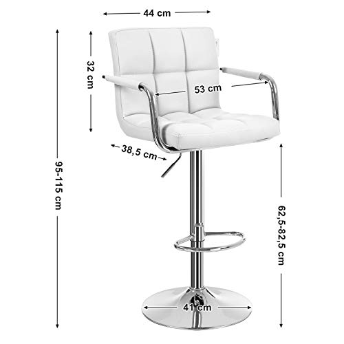 Songmics Taburete de Bar Regulable en Altura y Giratorio Cromado en Cuero Sintético, Blanco