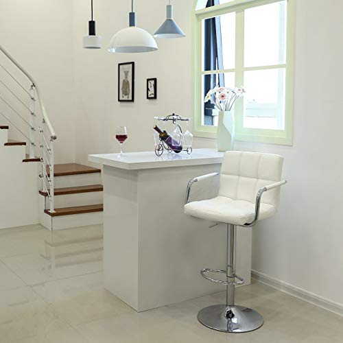 Songmics Taburete de Bar Regulable en Altura y Giratorio Cromado en Cuero Sintético, Blanco