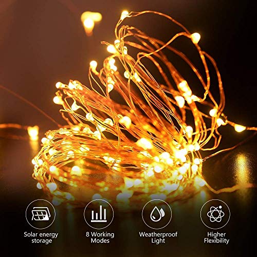Sooair - Cadena de luces solar para exteriores, 2 unidades, 10 m, 100 bombillas LED, 8 modos, resistente al agua, alambre de cobre, para jardín, balcón, terraza, boda, luz blanca cálida