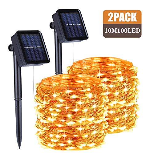Sooair - Cadena de luces solar para exteriores, 2 unidades, 10 m, 100 bombillas LED, 8 modos, resistente al agua, alambre de cobre, para jardín, balcón, terraza, boda, luz blanca cálida