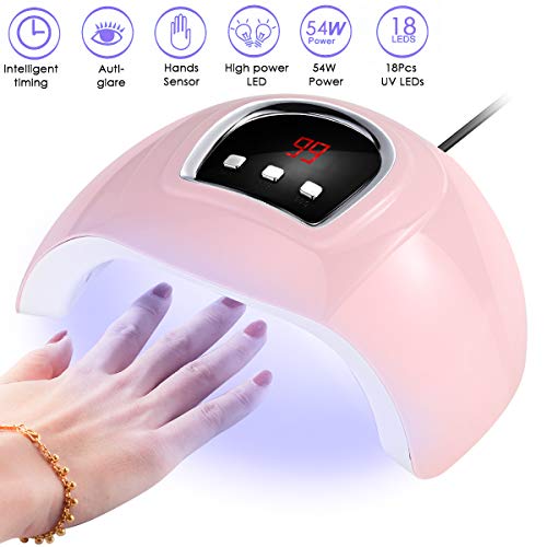 SOONHUA Lámpara de Uñas Uv 54W Lámpara de Uñas Led 18Led para Gel Esmalte de Uñas Lámpara de Curado para Secador de Uñas con 3 Temporizadores Pantalla Led Digital Auto Enchufe Usb Llevar Conveniente