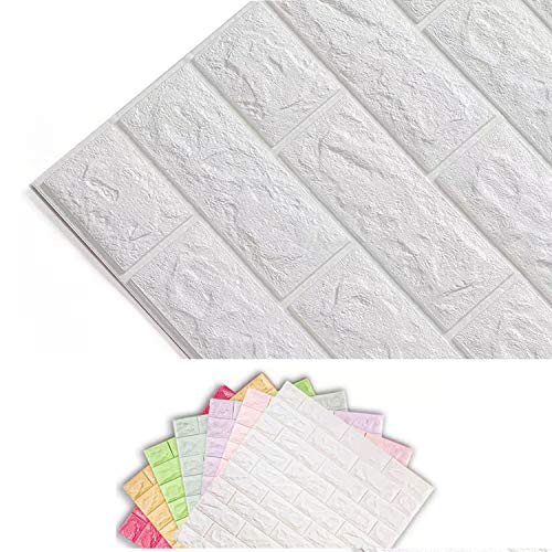 Soontrans Papel Pintado de Pared 3D Ladrillo Empapelado Pegatina Mural Autoadhesivo Decorativos Extraíble Impermeable para Hogar Cocina Salón Moderna TV Decor (77 cm x 70 cm)(10ps, Blanco)