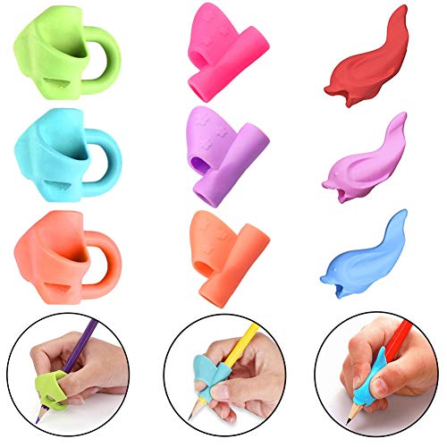 Soporte de Lápiz, HEOCAKR 9 Piezas Adaptador Lapiz para Niños Herramienta de Corrección de Postura de Escritura para Lápices, Agarrador de Lápiz Ayuda Escribir para Niños/Adultos, Colores Surtidos