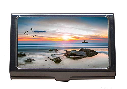 Soporte de tarjeta de visita de acero inoxidable, ojo de playa, vista de día, estuche de tarjeta de visita para hombres y mujeres (Plata 0155)