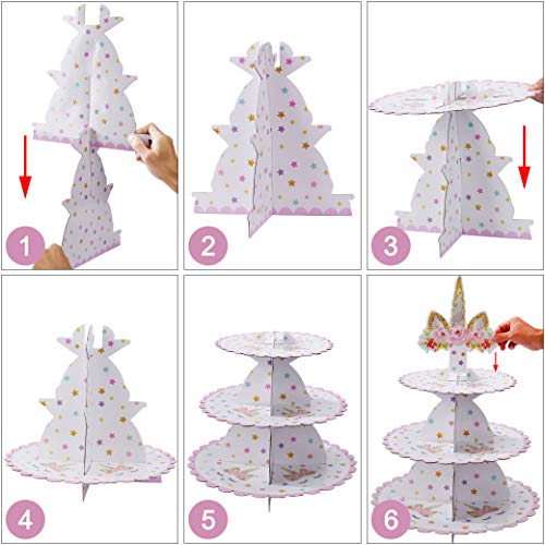 Soporte para Cupcakes 3-Tier Cartón Cupcake Stand Unicornio Redondo Soporte Postre para Bebé Shower Niños Fiesta Cumpleaños Party Temático