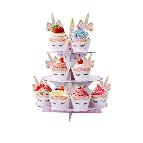 Soporte para Cupcakes 3-Tier Cartón Cupcake Stand Unicornio Redondo Soporte Postre para Bebé Shower Niños Fiesta Cumpleaños Party Temático