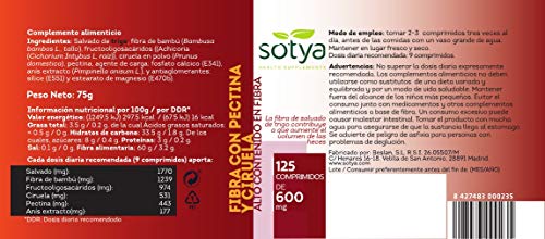 Sotya Fibra con Pectina y Ciruela | 125 Comprimidos de 600mg | Contra el Estreñimiento Agudo y Limpieza del Intestino. | Laxante Natural, Detox.
