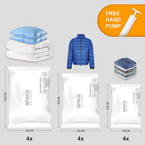 SPACE solution Bolsas de Almacenaje al Vacío 12 Unidades，4*Jumbo+4*Grandes+4*Pequeñas Almacenamiento al vacío a Prueba de Polvo para Guardar Ropa, Ropa de Cama,Almohadas, Viaje