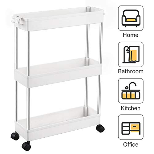 SPACEKEEPER Carro de Almacenamiento de 3 Niveles, Delgado, móvil, Organizador de estantes, deslizable, rodante, utilitario, Estante de Cocina, baño, lavandería, Oficina, Lugares Estrechos, Blanco