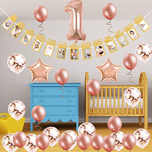 SPECOOL Decoración de Cumpleaños de 1er de Oro Rosa,con Pancarta de Fotos para bebés de 1 a 12 Meses, Pancarta de Feliz cumpleaños, Globos de látex y Confeti ,para Suministros para Fiestas