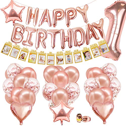 SPECOOL Decoración de Cumpleaños de 1er de Oro Rosa,con Pancarta de Fotos para bebés de 1 a 12 Meses, Pancarta de Feliz cumpleaños, Globos de látex y Confeti ,para Suministros para Fiestas