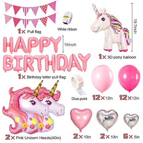 SPECOOL Unicornio Cumpleaños Globos, Decoracion Cumpleaños Rosa Feliz cumpleaños Conjunto de Pancartas Unicornio Globo Fiesta en Globo Decoración Chica Novia