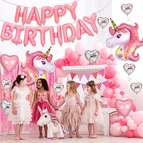SPECOOL Unicornio Cumpleaños Globos, Decoracion Cumpleaños Rosa Feliz cumpleaños Conjunto de Pancartas Unicornio Globo Fiesta en Globo Decoración Chica Novia