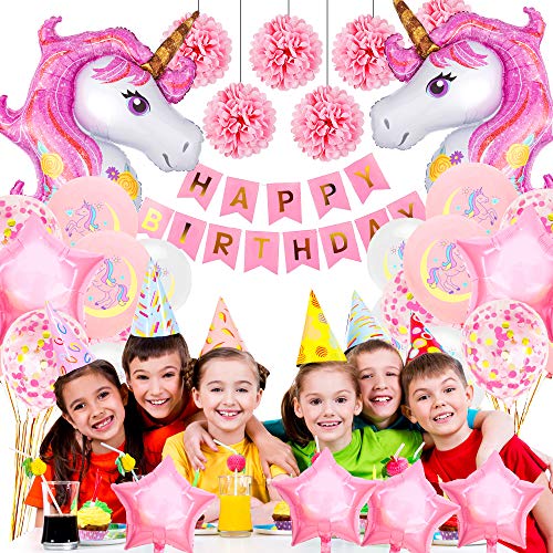 SPECOOL Unicornio Decoración de cumpleaños para niña, Rosa Feliz cumpleaños Conjunto de pancartas Unicornio Papel de Aluminio Globo Látex Confeti Fiesta en Globo Decoración Chica Novia