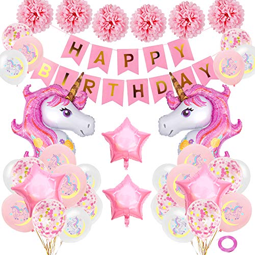 SPECOOL Unicornio Decoración de cumpleaños para niña, Rosa Feliz cumpleaños Conjunto de pancartas Unicornio Papel de Aluminio Globo Látex Confeti Fiesta en Globo Decoración Chica Novia