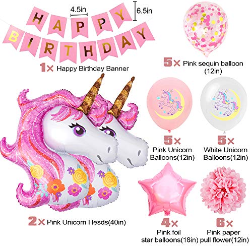 SPECOOL Unicornio Decoración de cumpleaños para niña, Rosa Feliz cumpleaños Conjunto de pancartas Unicornio Papel de Aluminio Globo Látex Confeti Fiesta en Globo Decoración Chica Novia