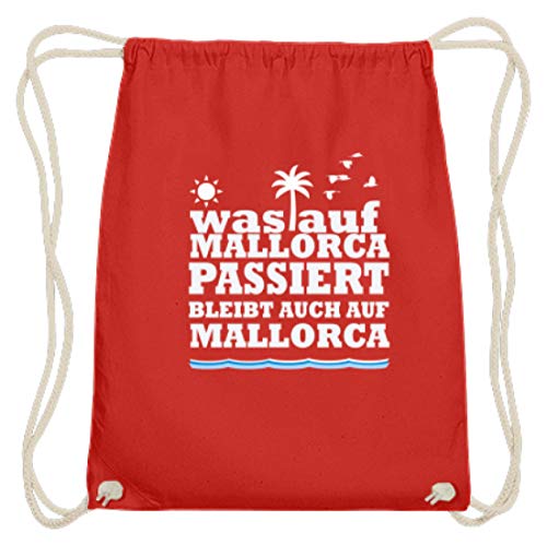 SPIRITSHIRTSHOP Was auf Mallorca Passiert Bleibt auch auf Mallorca - vacaciones, fiestas, celebraciones, fiestas, fiestas – Gymsac de algodón, color rojo claro, tamaño 37cm-46cm