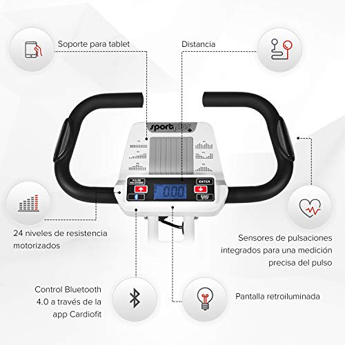 SportPlus SP-HT-1004-iE Bicicleta Estática Plegable con Control de Aplicaciones, Google Street View, Sillín Confortable, Manillar, 8-24 Niveles de Resistencia, Multicolor, 83 x 45 x 111 cm