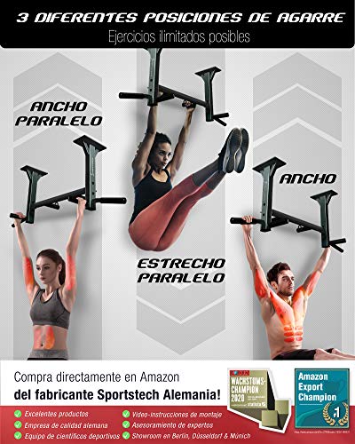 Sportstech Barra de dominadas para Techo 4en1 KS400, 3 Ranuras para TRX & Bolsa de Boxeo, 6 empuñaduras Antideslizantes, Muy Estable, Montaje en Techo, fijación y 8 Resistentes Tacos