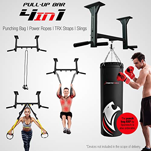 Sportstech Barra de dominadas para Techo 4en1 KS400, 3 Ranuras para TRX & Bolsa de Boxeo, 6 empuñaduras Antideslizantes, Muy Estable, Montaje en Techo, fijación y 8 Resistentes Tacos