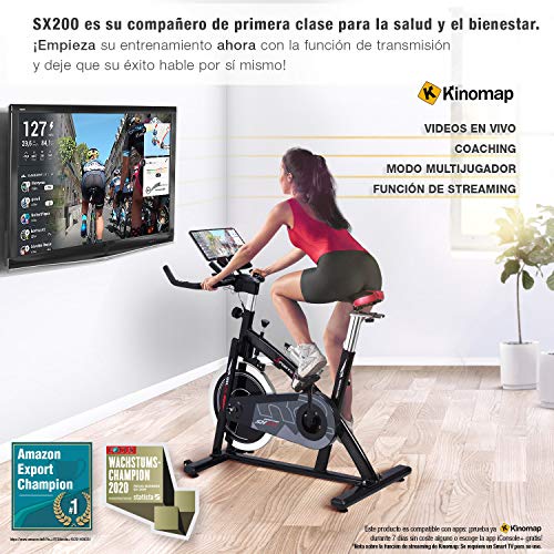 Sportstech Bicicleta estática Profesional SX200 -Marca de Calidad Alemana - Eventos en Video & App Multijugador, Volante de Inercia de 22Kg -Bicicleta con Correa de transmisión -hasta 125Kg con eBook