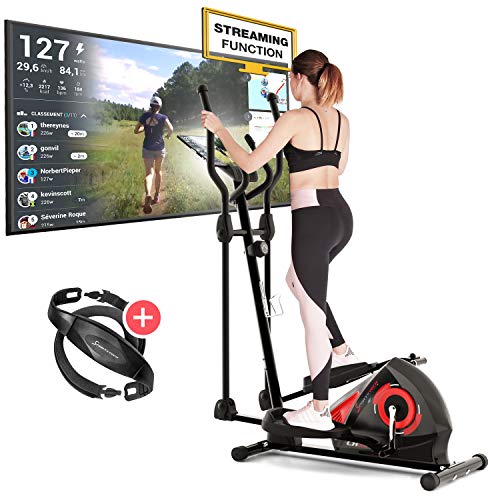 Sportstech CX608 Bicicleta Elíptica para Casa | Marca de Calidad Alemana | Video Eventos, App Multijugador & Consola Bluetooth | Elíptica con Cinturón de Pulso | Entrenamiento | Soporte para Tablet